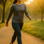Person walking in the park during sunrise promoting healthy lifestyle and fitness benefits through daily walking