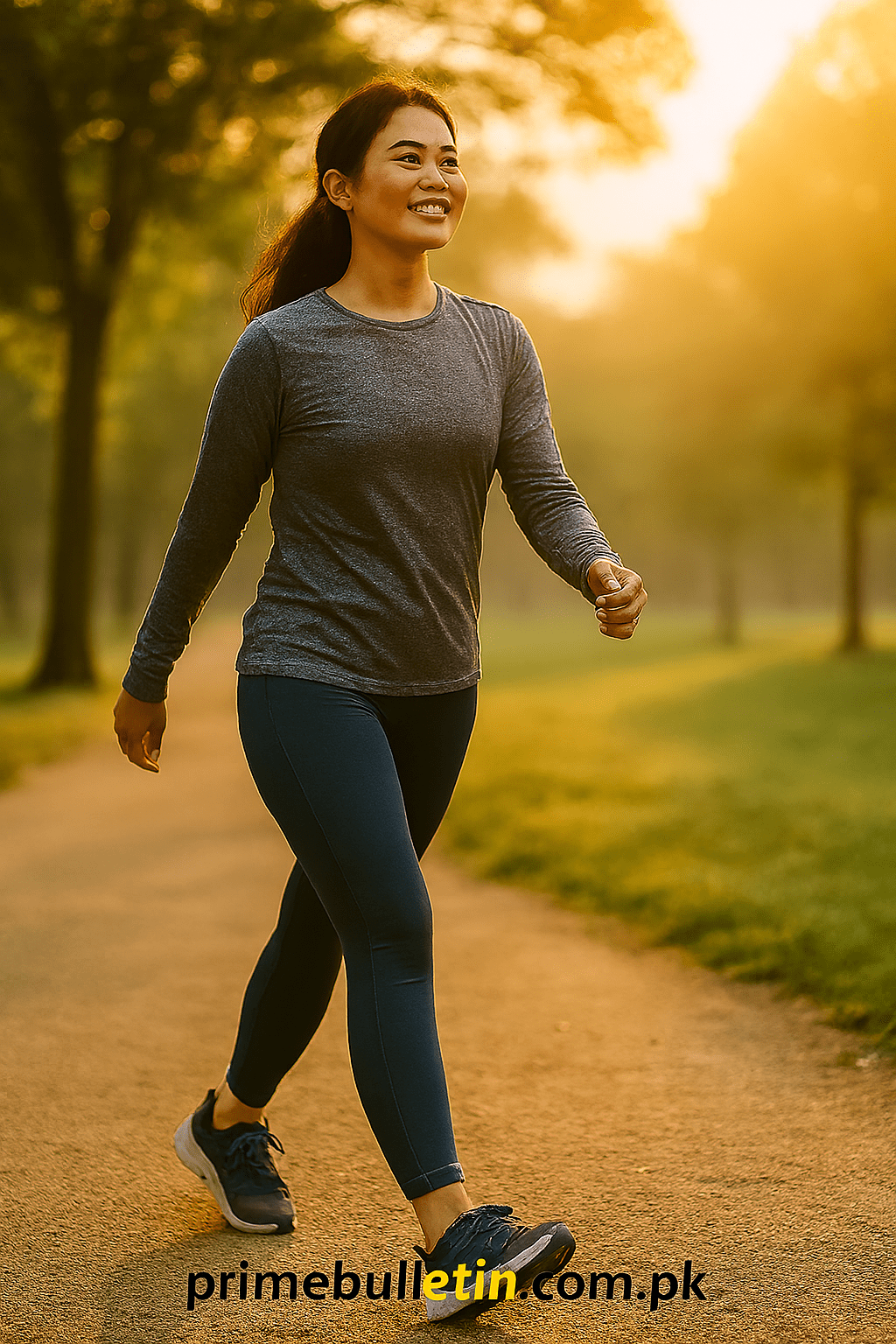 Person walking in the park during sunrise promoting healthy lifestyle and fitness benefits through daily walking