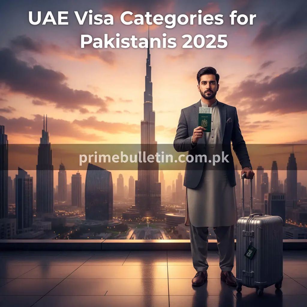 Pakistani traveler with suitcase and passport in front of Burj Khalifa, Dubai — UAE visa guide 2025