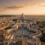 Vatican City aerial view with St. Peter’s Basilica and St. Peter’s Square at golden sunset