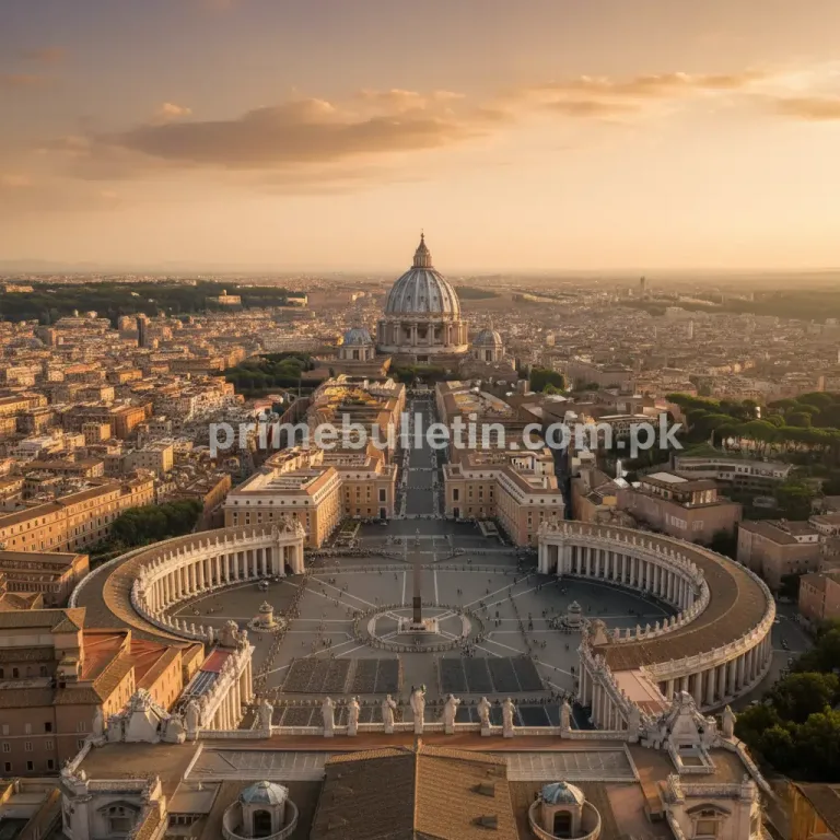 Vatican City aerial view with St. Peter’s Basilica and St. Peter’s Square at golden sunset