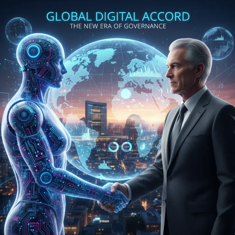 Artificial Intelligence shaking hands with a world leader, symbolizing AI’s influence on global politics and decision-making