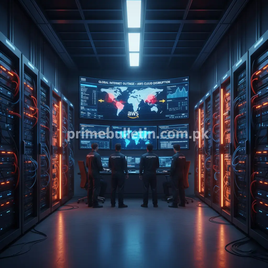 AWS engineers in a data center fix global outage issue after DNS failure disrupts worldwide internet services.