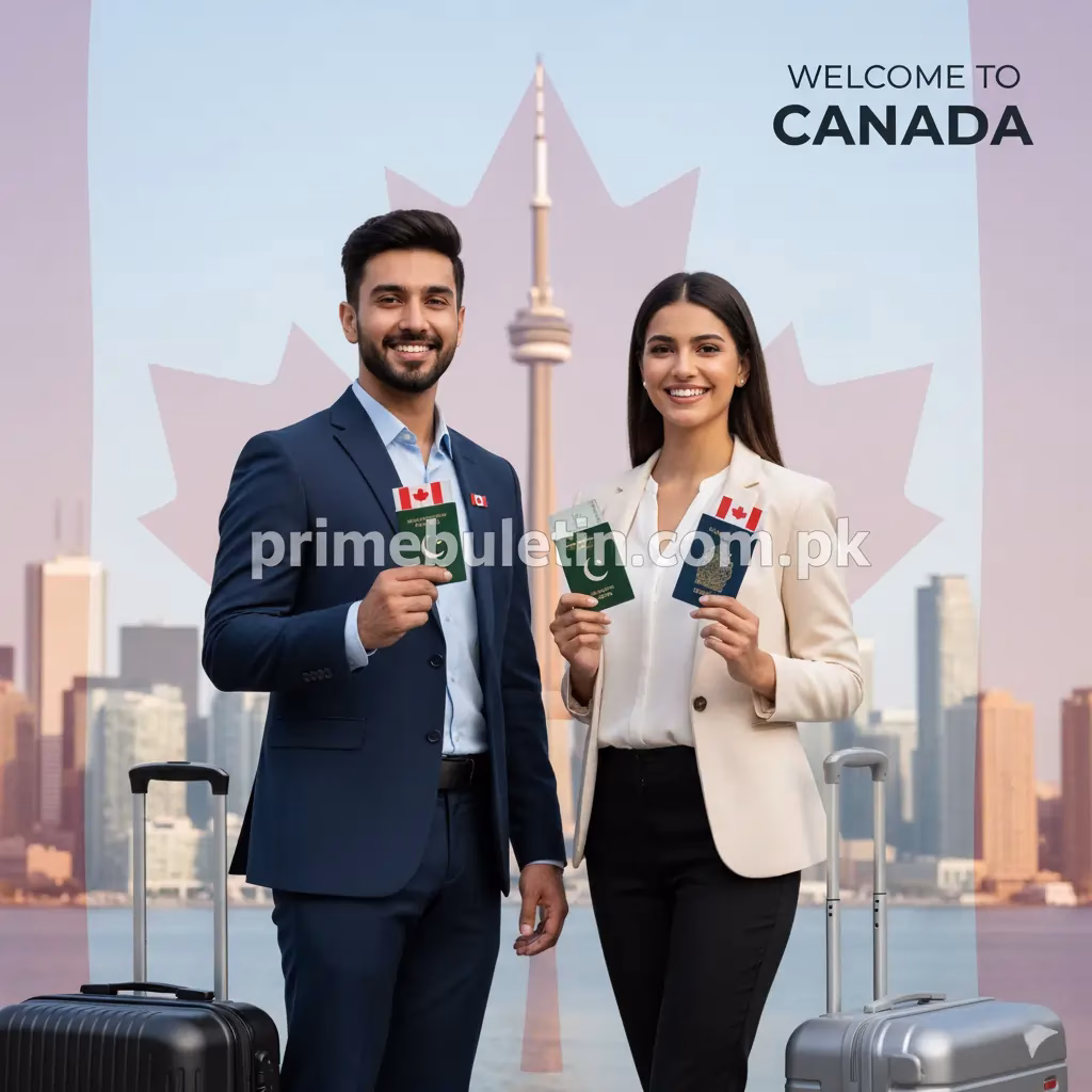 Pakistani professionals holding passports in front of the Toronto skyline with a Canadian flag, symbolizing Canada Skilled Worker Visa 2025 Express Entry program.