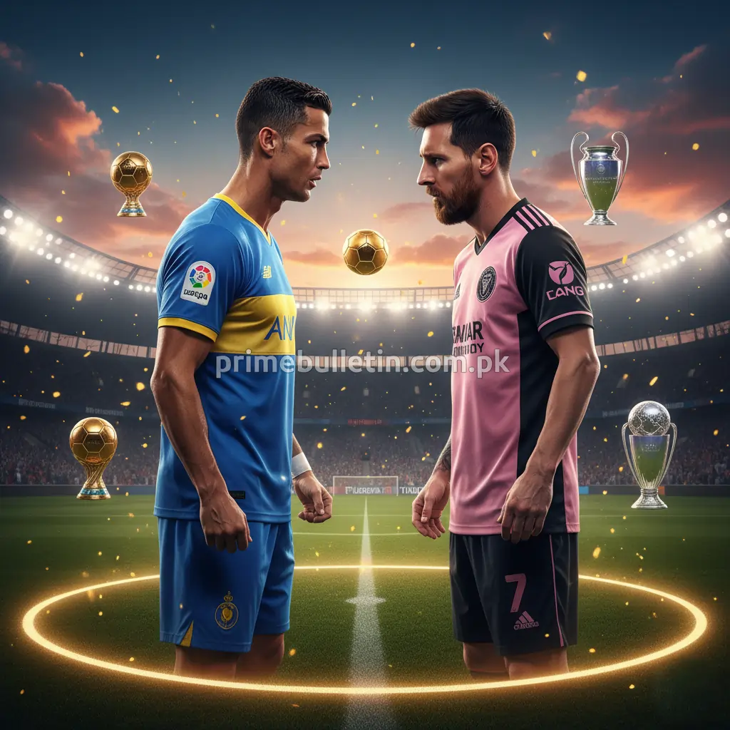 Cristiano Ronaldo and Lionel Messi 2025 comparison image showing both football legends in their current team jerseys under bright lights.