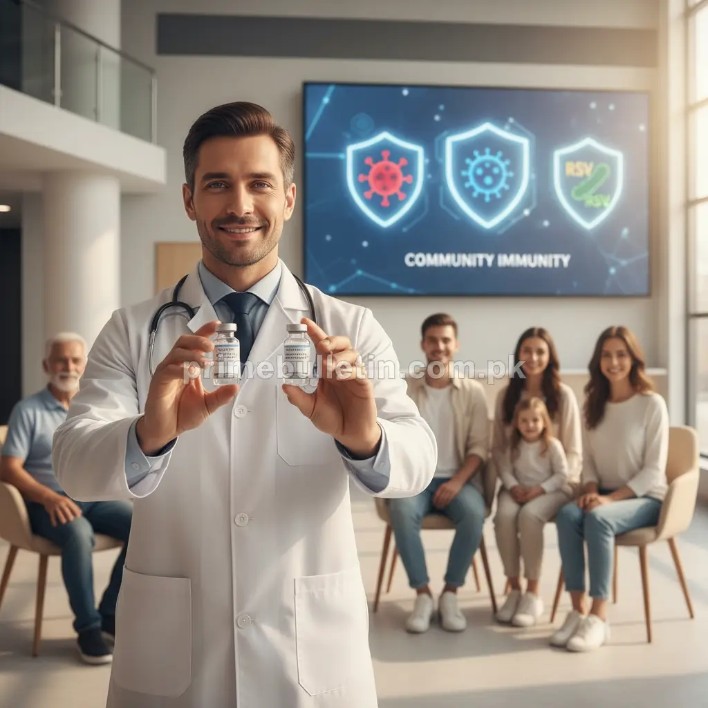 Doctor holding a vaccine syringe promoting flu, COVID-19, and RSV vaccines for the 2025–26 respiratory virus season in Pakistan