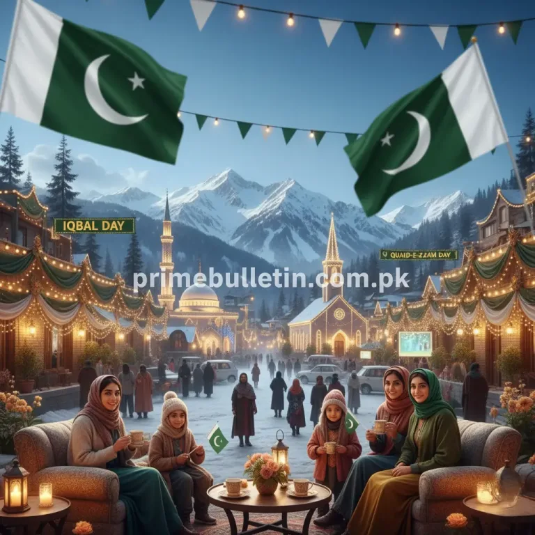 Festive winter scene of Pakistan 2025 showing Murree and Hunza mountains, Pakistani flags, families celebrating Iqbal Day and Quaid-e-Azam Day, Christmas lights, and snowy holiday vibes