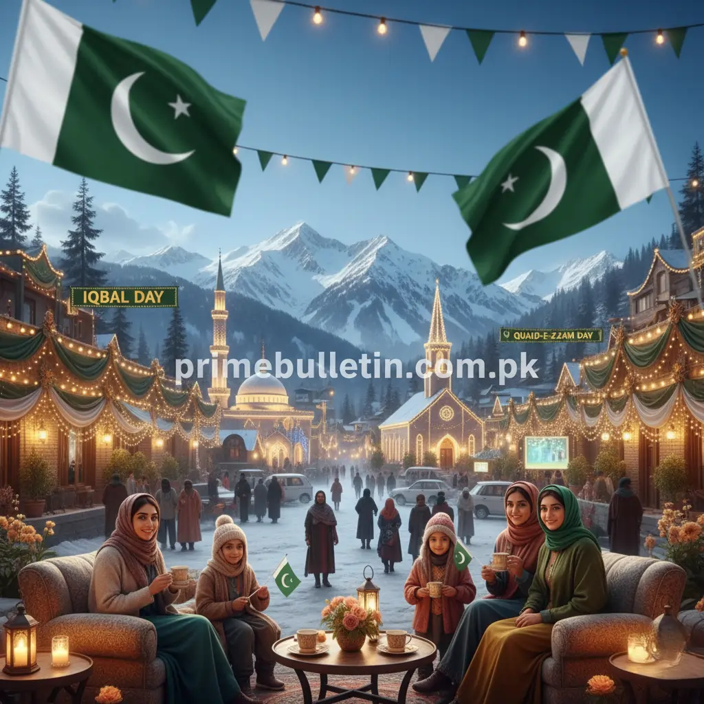 Festive winter scene of Pakistan 2025 showing Murree and Hunza mountains, Pakistani flags, families celebrating Iqbal Day and Quaid-e-Azam Day, Christmas lights, and snowy holiday vibes