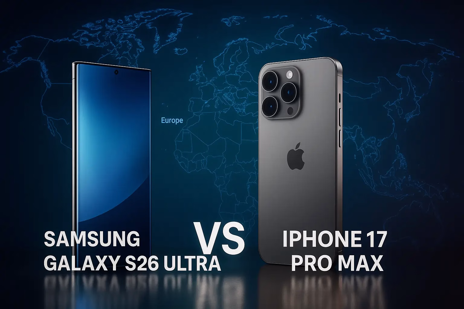 Realistic image of Samsung Galaxy S26 Ultra and iPhone 17 Pro Max comparison 2026, showing design, display, and innovation features