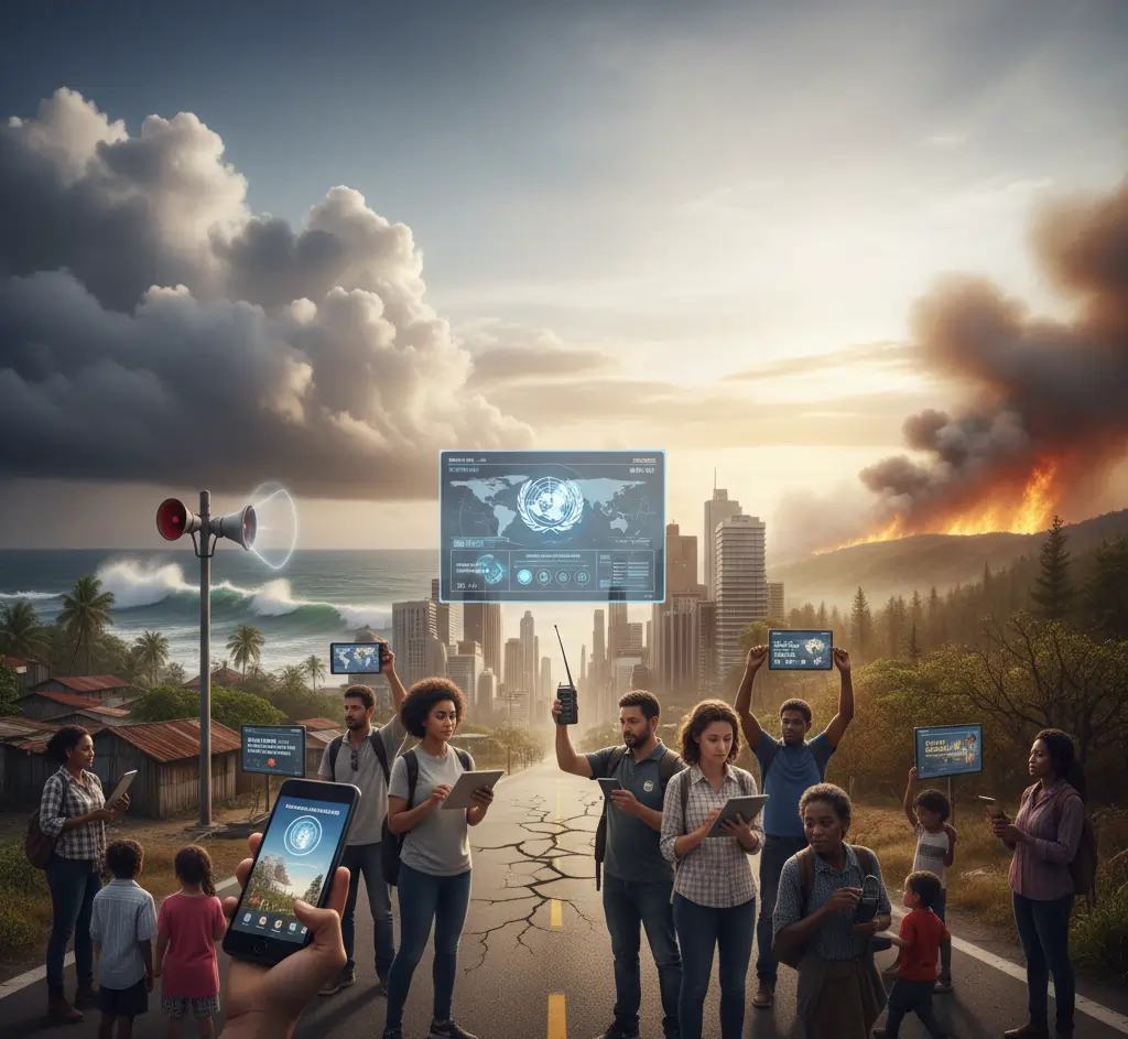 UN Early Warnings for All 2027, people receiving disaster alerts via mobile phones and radios, global disaster preparedness, floods, wildfires, storms, earthquakes, life-saving alerts