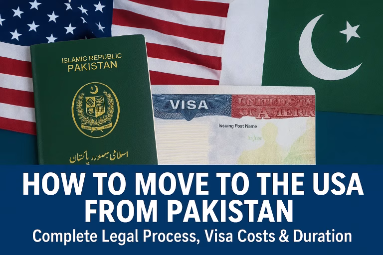 A Pakistani passport beside a U.S. visa and American flag representing legal immigration and visa process from Pakistan to the USA in 2025