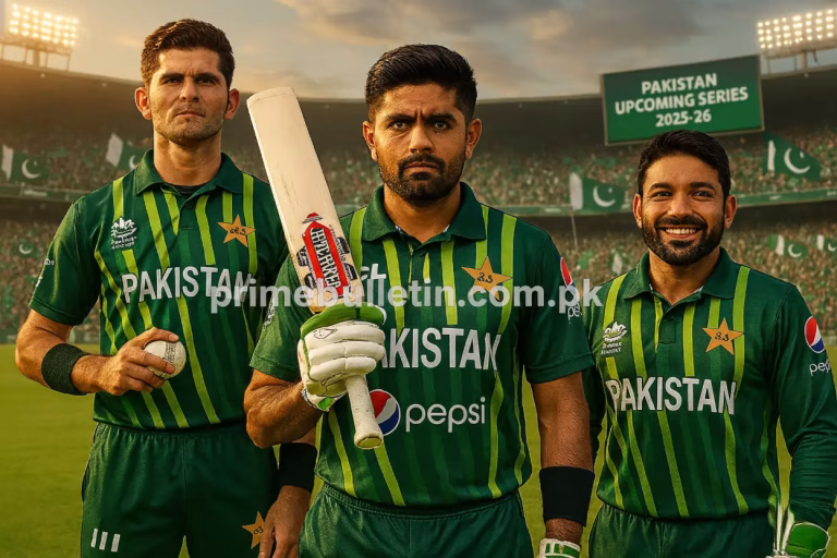 Pakistan national cricket team 2025–26 upcoming matches and series schedule — Babar Azam, Shaheen Afridi, and Mohammad Rizwan ready for the new international season.