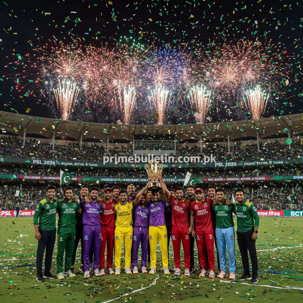 Players celebrating with the PSL 2026 trophy at Gaddafi Stadium as the Pakistan Super League expands to eight teams