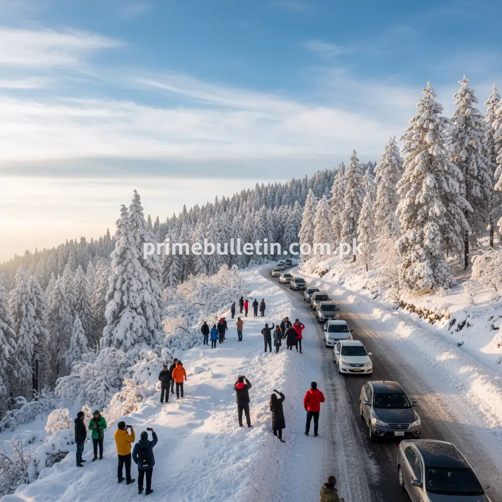 Snowfall in Pakistan 2025 – Murree Hills covered in snow under bright winter sky