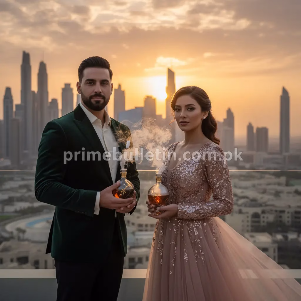 Stylish Middle Eastern man and woman holding luxury Arabic perfume bottles during sunset in Dubai skyline