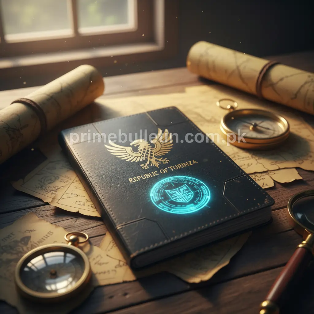 A close-up of a fictional passport labeled Republic of Turinza on a wooden table