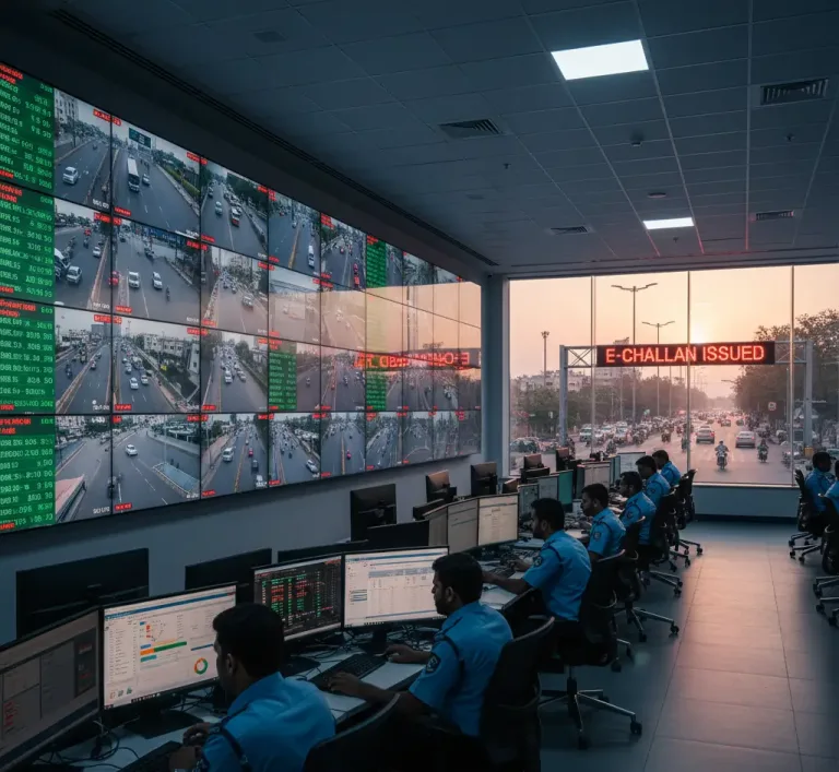 Digital traffic monitoring center in Pakistan showing e-challan system and ANPR camera technology for online traffic fine management