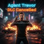 Trevor Philips from GTA V standing in a chaotic city scene with neon lights, representing the cancelled Agent Trevor DLC single-player expansion by Rockstar Games in 2025
