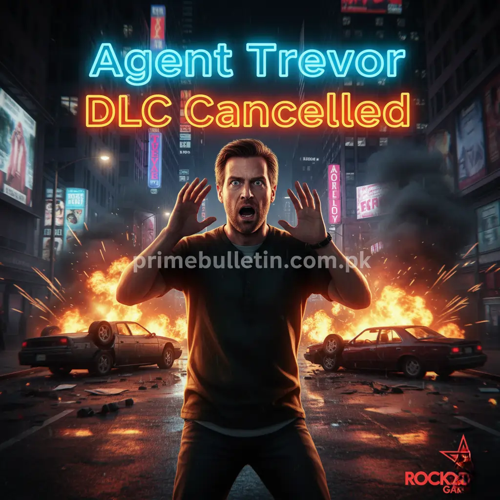 Trevor Philips from GTA V standing in a chaotic city scene with neon lights, representing the cancelled Agent Trevor DLC single-player expansion by Rockstar Games in 2025