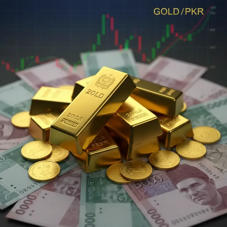 Gold bars and Pakistani rupee notes representing gold price trends in Pakistan 2025