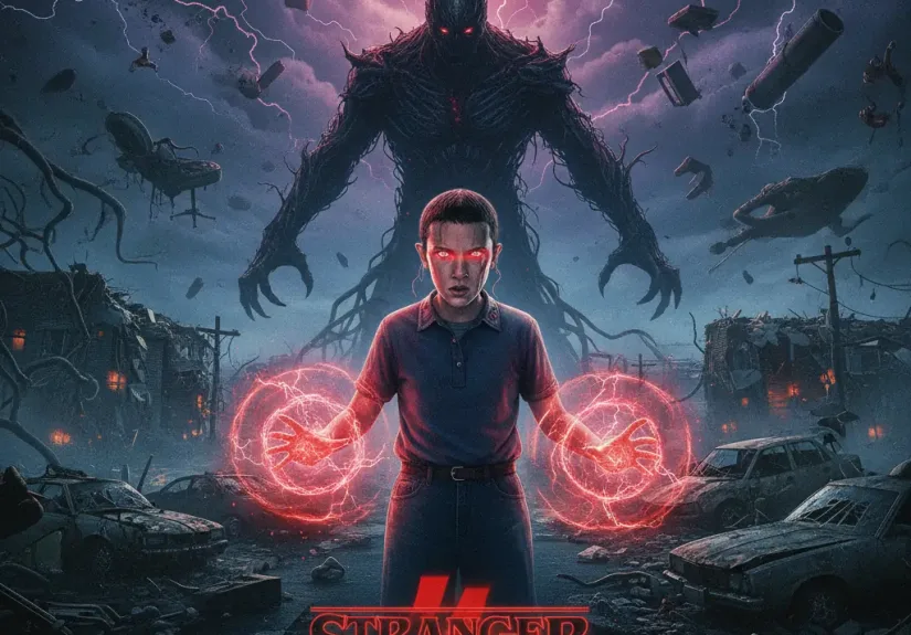 Stranger Things Season 5 poster showing Eleven and Vecna in Hawkins, Netflix final season 2025