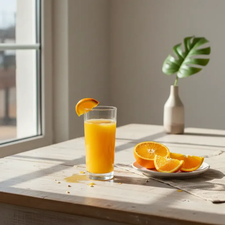A fresh glass of orange juice on a breakfast table showing healthy daily nutrition