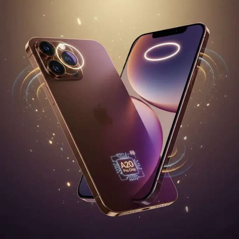 iPhone 18 Pro showing smaller Dynamic Island, unified back design, new colors, variable aperture camera, A20 Pro chip, and 5G connectivity