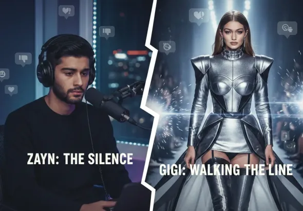 Zayn Malik speaking on Call Her Daddy podcast while Gigi Hadid appears in split frame representing viral relationship controversy